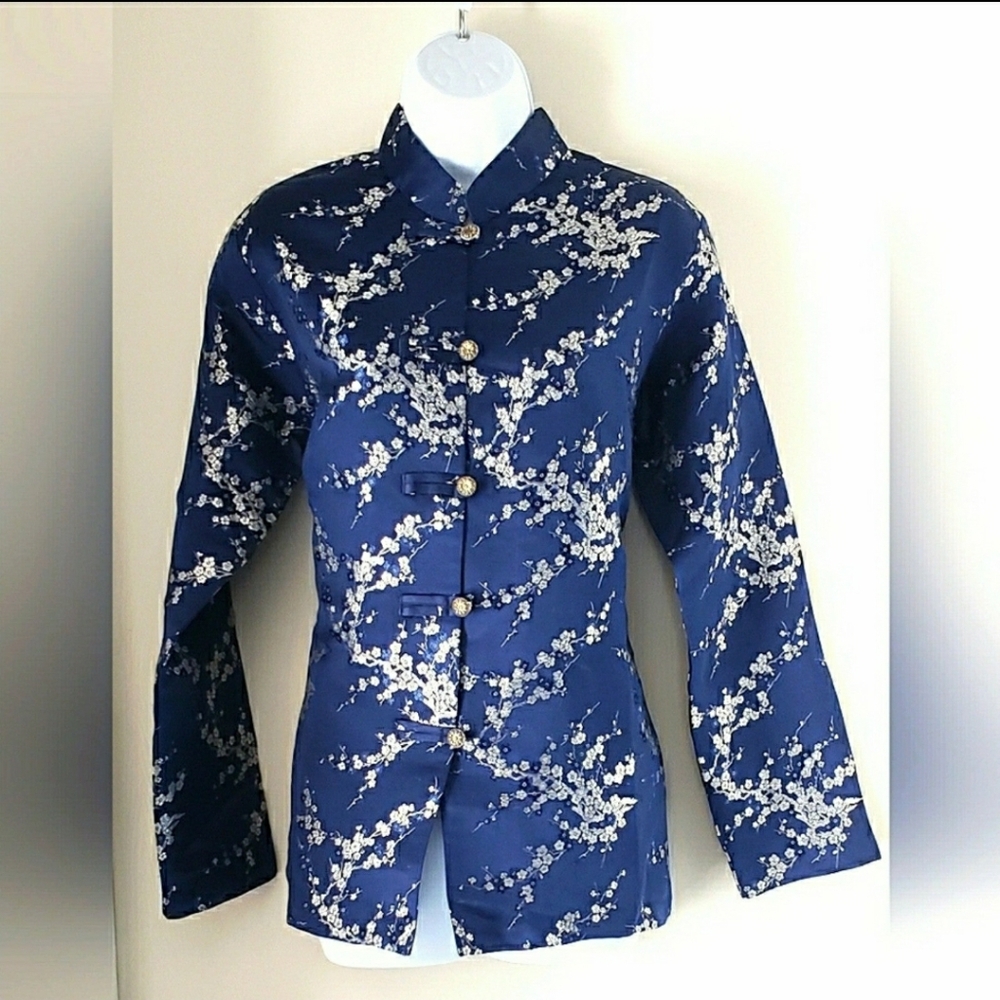 90s Vintage Cheongsam Chinese Blouse Top Jacket Blue Silk Silver Medium CL44